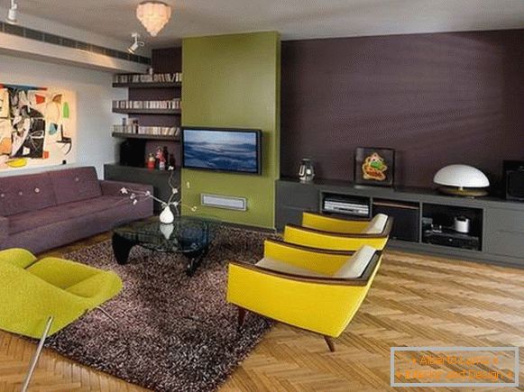 Návrh obývacej izby so žltým nábytkom