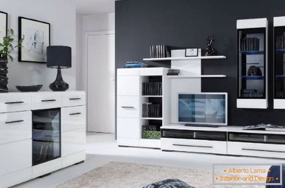 Moderný obývacia izba - biely lesk na čiernom pozadí