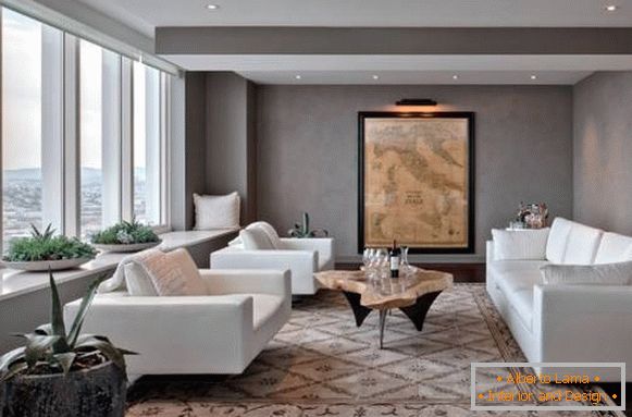 Návrh obývacej izby s bielym nábytkom - fotografia so sivými stenami