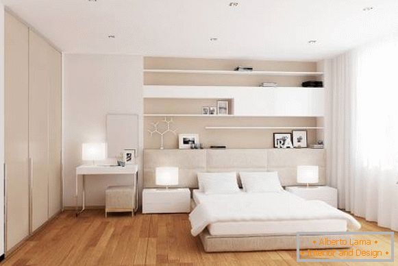 Moderný dizajn bielej spálne s teplou podlahou