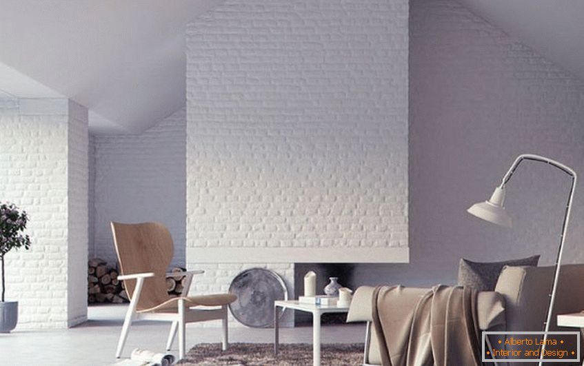 Biele tehlové dlaždice na stenách obývacej izby