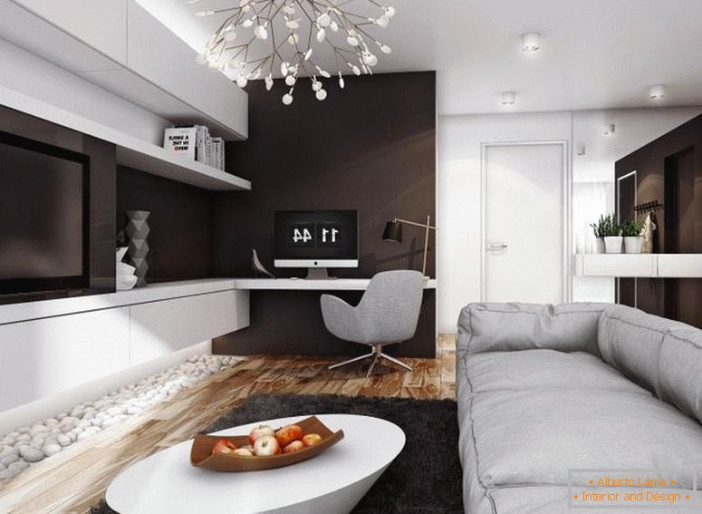 Obývacia izba s bielo-hnedými stenami
