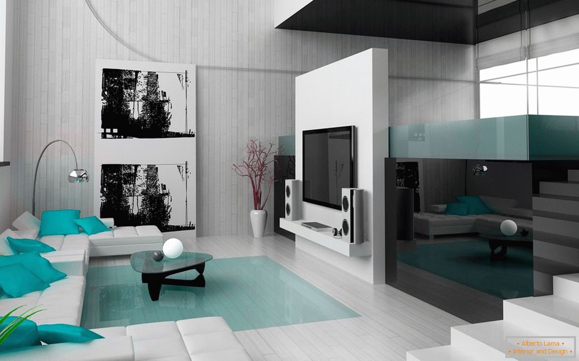 Obývacia izba v čiernej a bielej farbe s tyrkysovými interiérovými prvkami