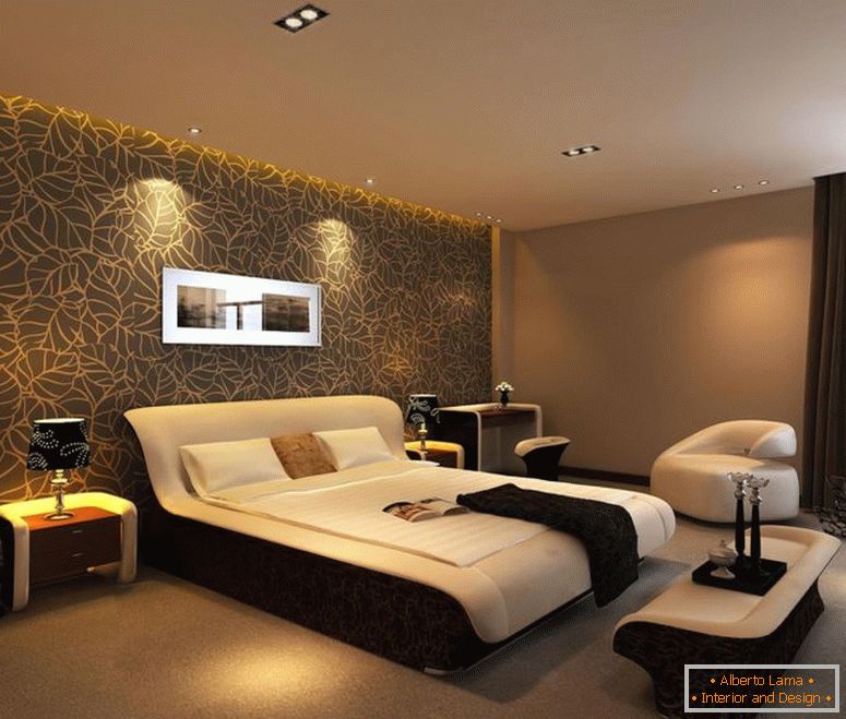 hnedo-akcenty-wall-idea-for-veľké spálne, kombinujú-s-kvetinovo-background-print-and-dokončil-s-pohodlná posteľ-plus-príjemné-bielo-gauč