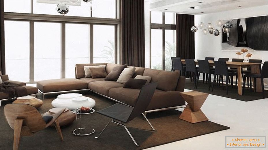 Čierna a hnedá výzdoba obývacej izby
