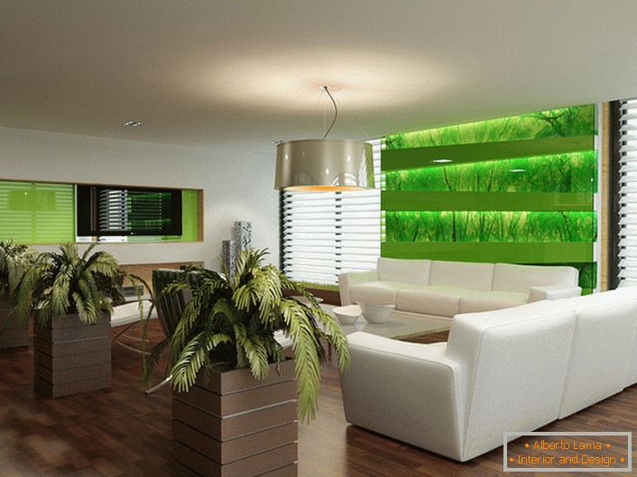 Ekologický štýl v interiéri obývacej izby pomáha majiteľom apartmánov a ich hosťom uniknúť z city.