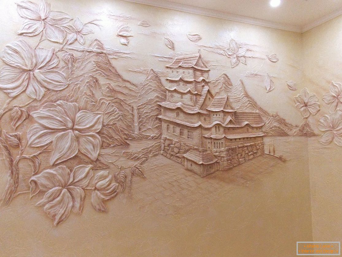 Objemová kresba s domom a stromami z dekoratívnej omietky
