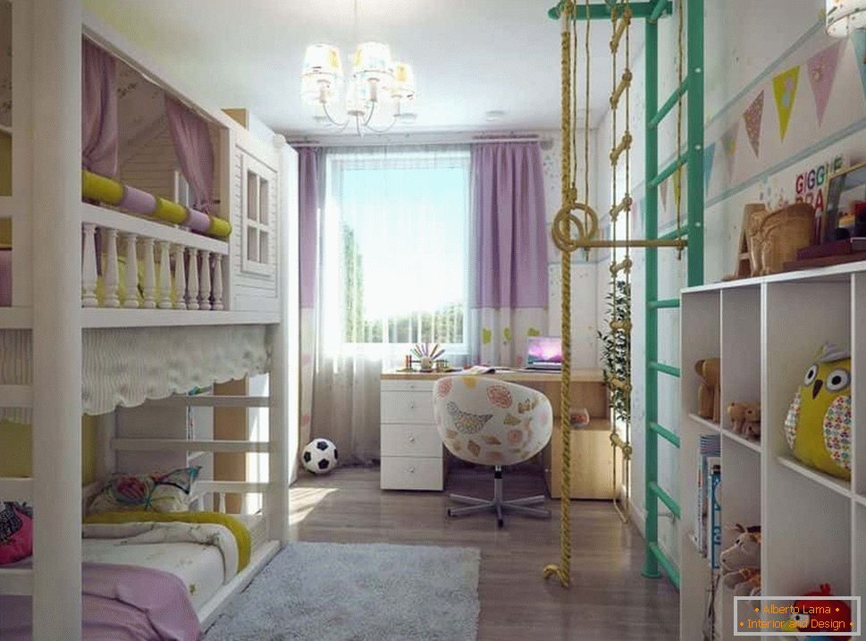 Detská izba v Chruščov s dvoma poschodovými posteľami a švédskou stenou