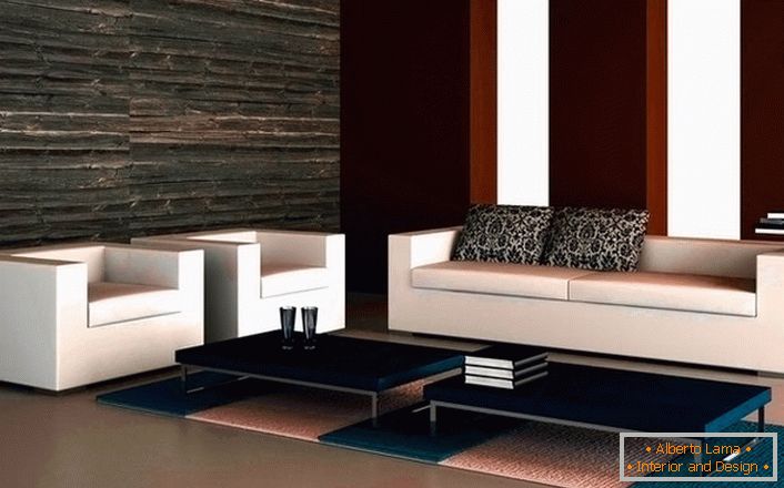 Návrhový projekt obývačky v high-tech štýle. Lakonická pohovka s dvoma kreslami vyzerá harmonicky v minimalistickom štýle. 
