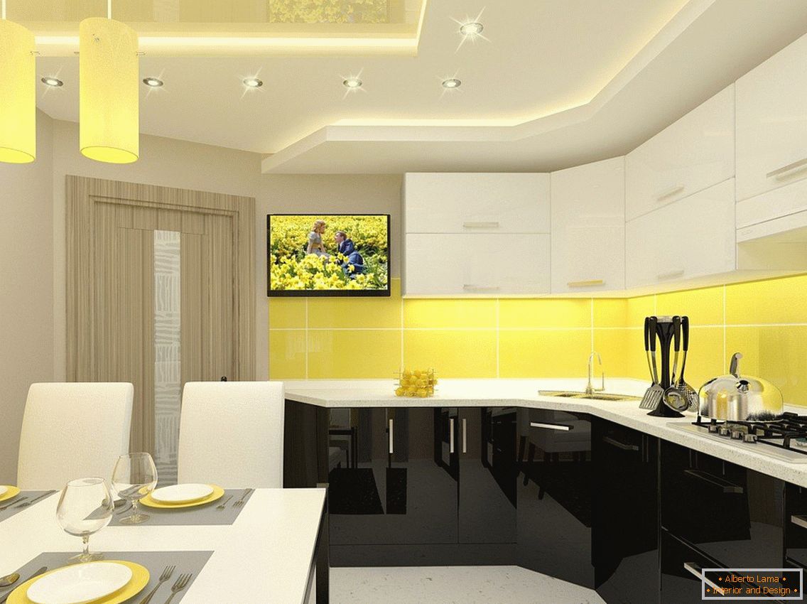 Žltá kuchyňa a biely nábytok