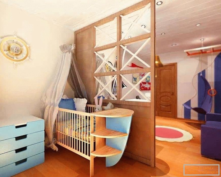 Drevená priečka v jednej miestnosti obývacej izby a detskej izby