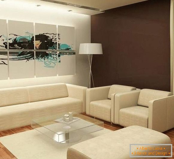 Návrh modernej obývacej izby v súkromnom dome s bielym čalúneným nábytkom