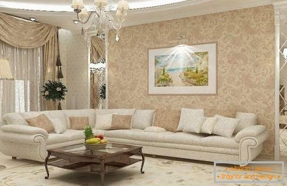 Klasický dizajn obývacej izby v súkromnom dome v bielej a béžovej farbe