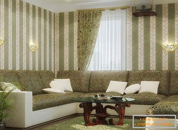 Návrh obývacej izby v súkromnom dome v bielej a zelenej farbe