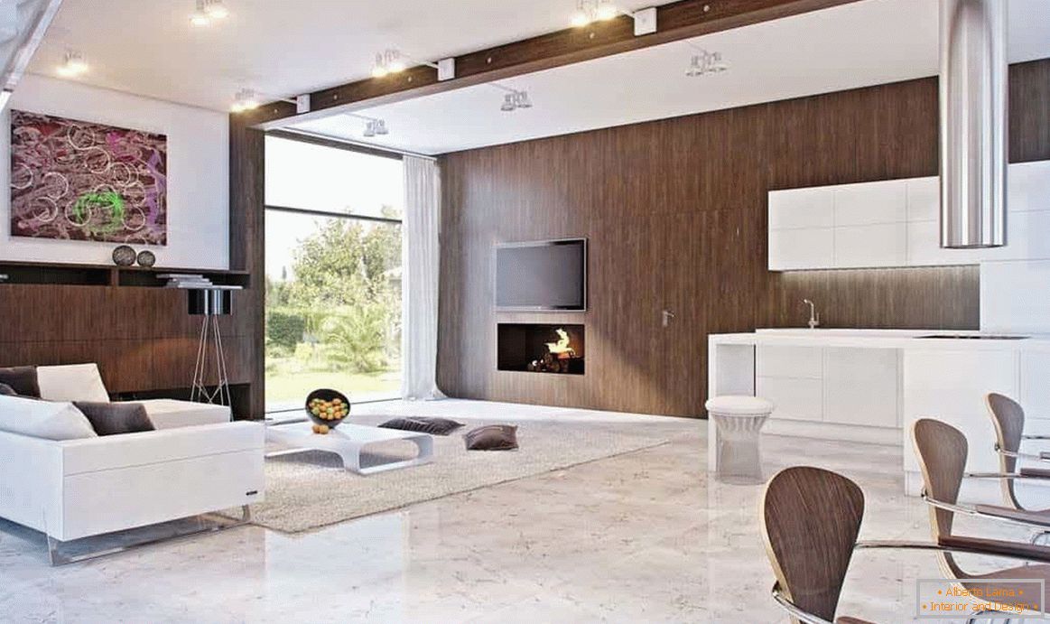 Obývacia izba môže byť zdobená v modernom štýle av drevenom dome