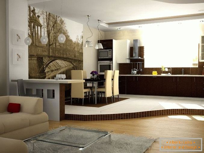 Zónovanie obývacej izby v rôznych farbách na stenách a podlahách