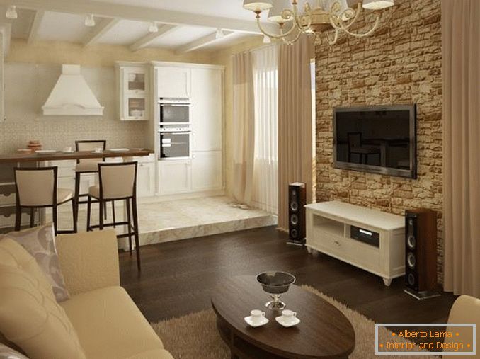 Zónovanie obývacej izby s rôznou výzdobou podlahy a stien