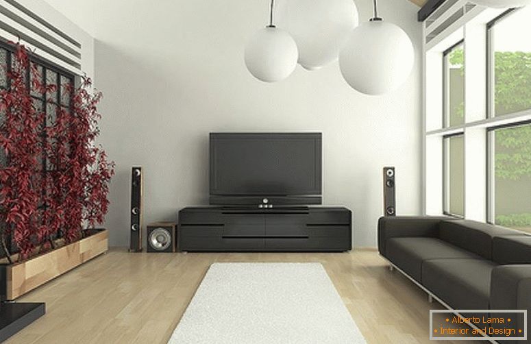 Tmavý nábytok v obývacej izbe v minimalistickom štýle