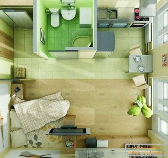 dizajn malého bytu s jednou miestnosťou, foto 28