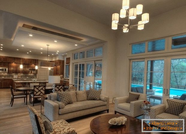 kuchynský dizajn obývačka s panoramatickými oknami фото