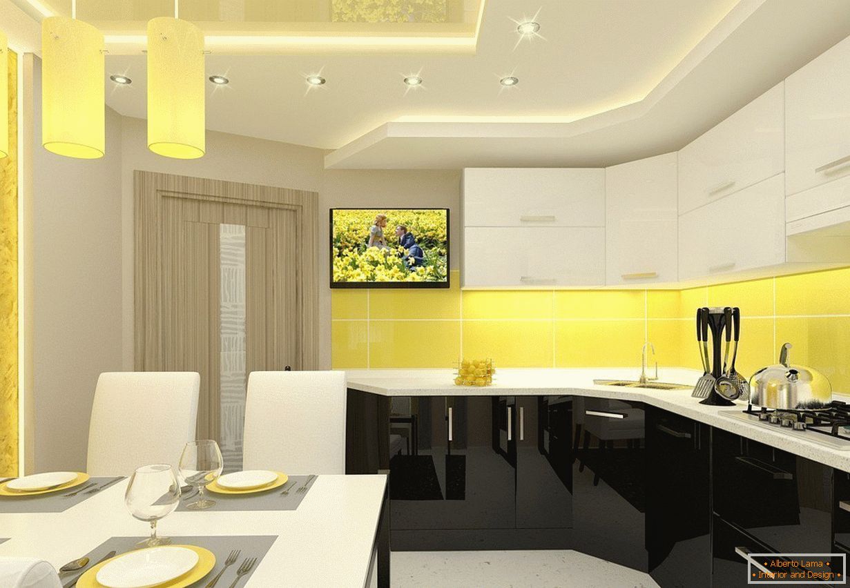 Žltá-biela kuchyňa interiér v byte
