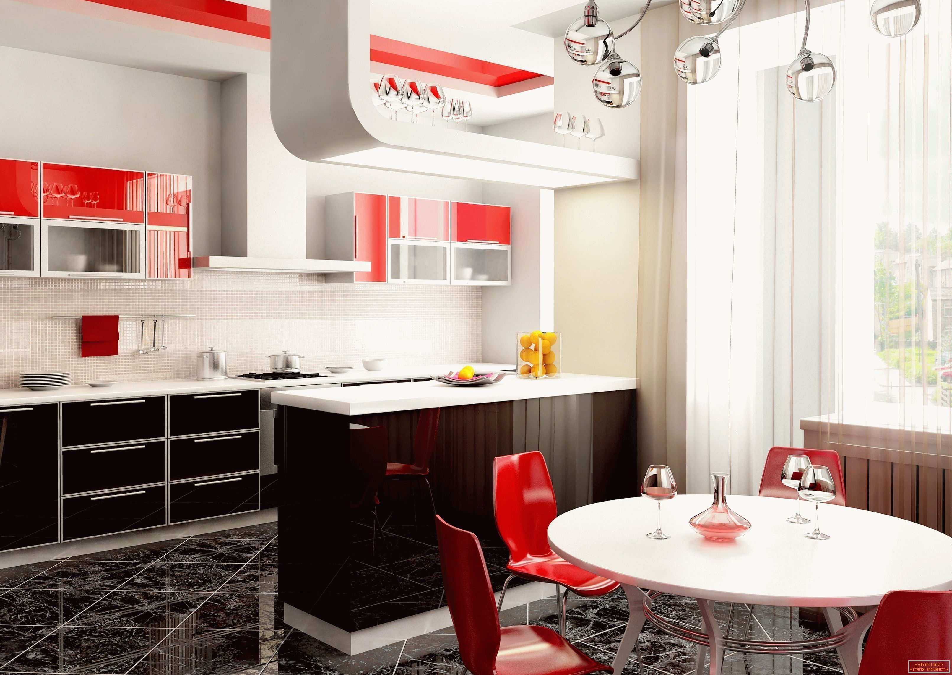 Svetlý interiér kuchyne v apartmáne s červenými akcentmi