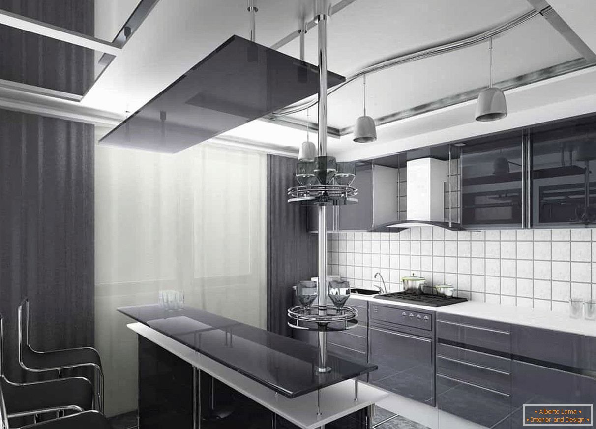 Tmavé záclony a tmavá fasáda v kuchyni v kombinácii s bielou zástera a stropom