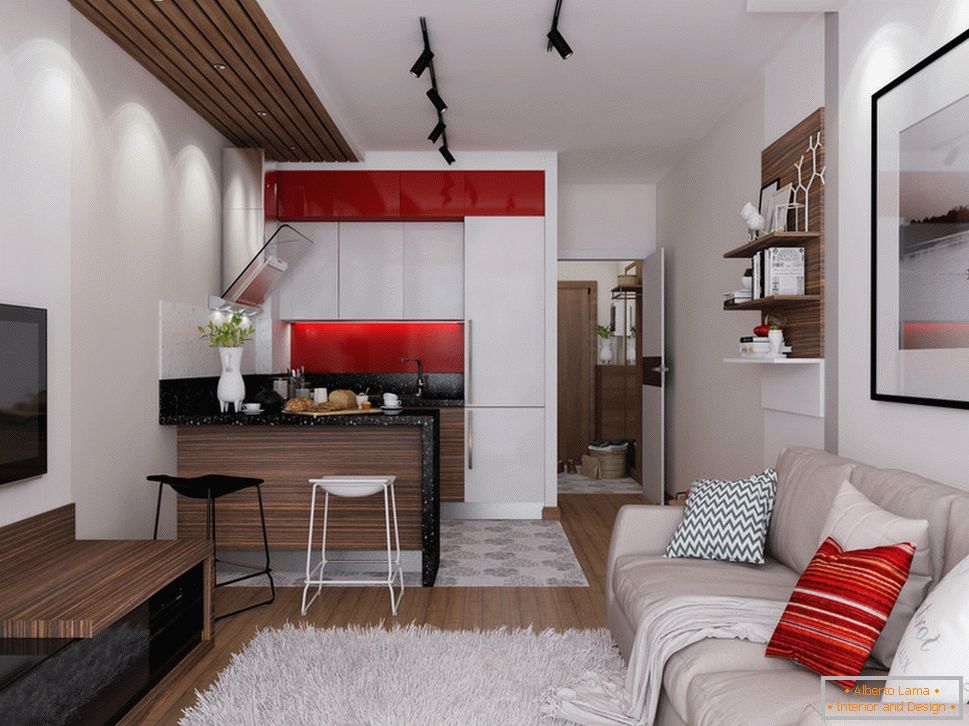 Bytový dizajn 30 m2 m s červenými akcentmi
