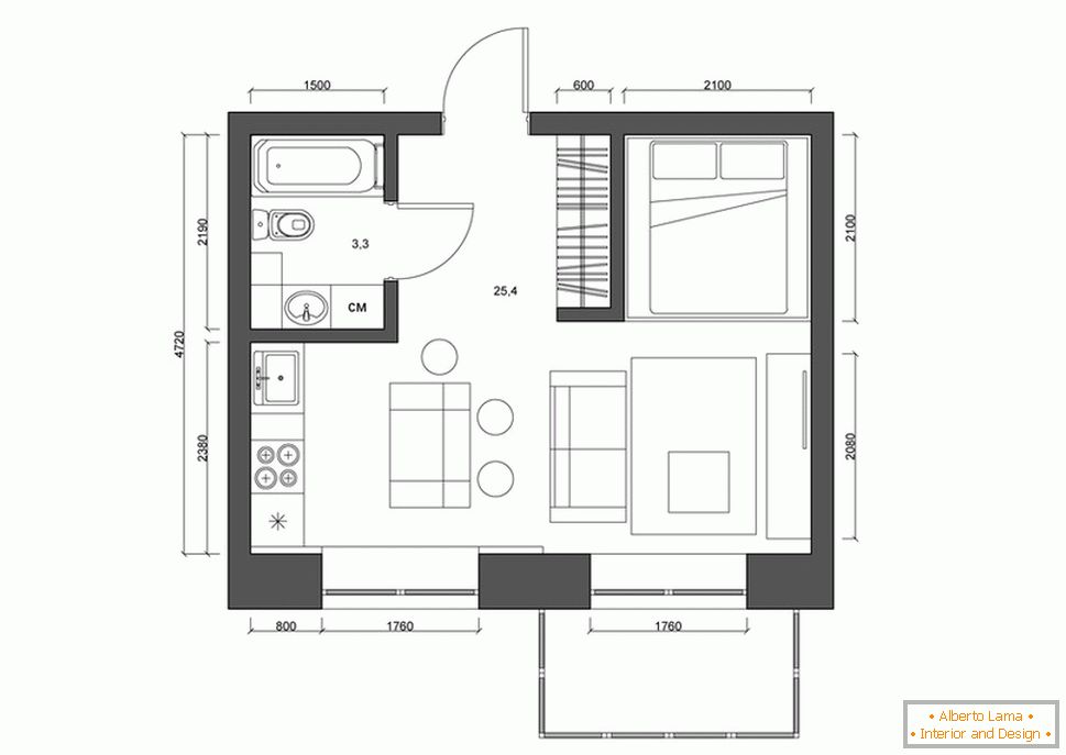 Rozloženie bytu 30 metrov štvorcových. m v čiernej a bielej farbe