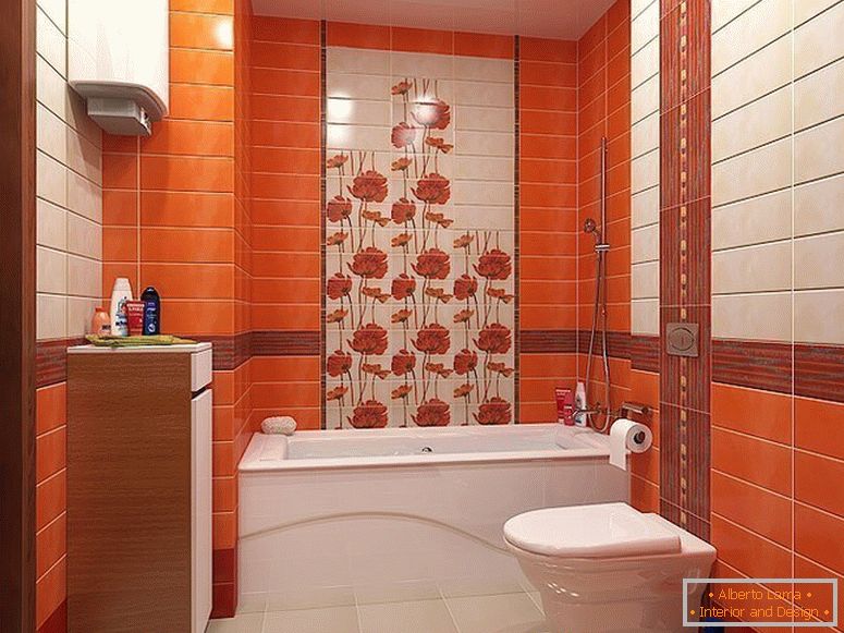 Oranžové dlaždice vo vnútri malej kúpeľne