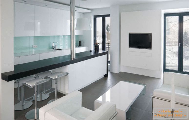 spálňa-simple-studio-apartment-design-idea-for-obývačka-s-bielo-rozkladacia s-bielo-tabuľky-šedo-podlahové dlaždice a skla, dverí-with-čiernym rámom-elegantnými štúdio-apartment-Design-nápady
