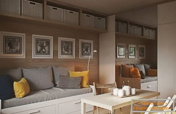 Minimalistický interiérový dizajn jednopokojového bytu o rozlohe 40 m2