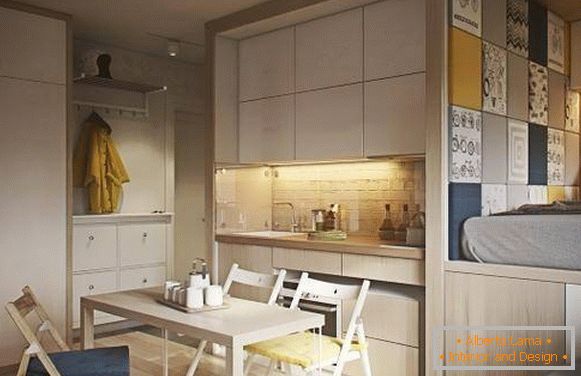 Módny dizajn jednoizbového bytu 40 m2 - foto kuchyne a spálne