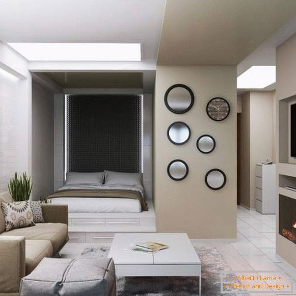 Interiérový dizajn jednoizbového bytu s priestorom na spanie