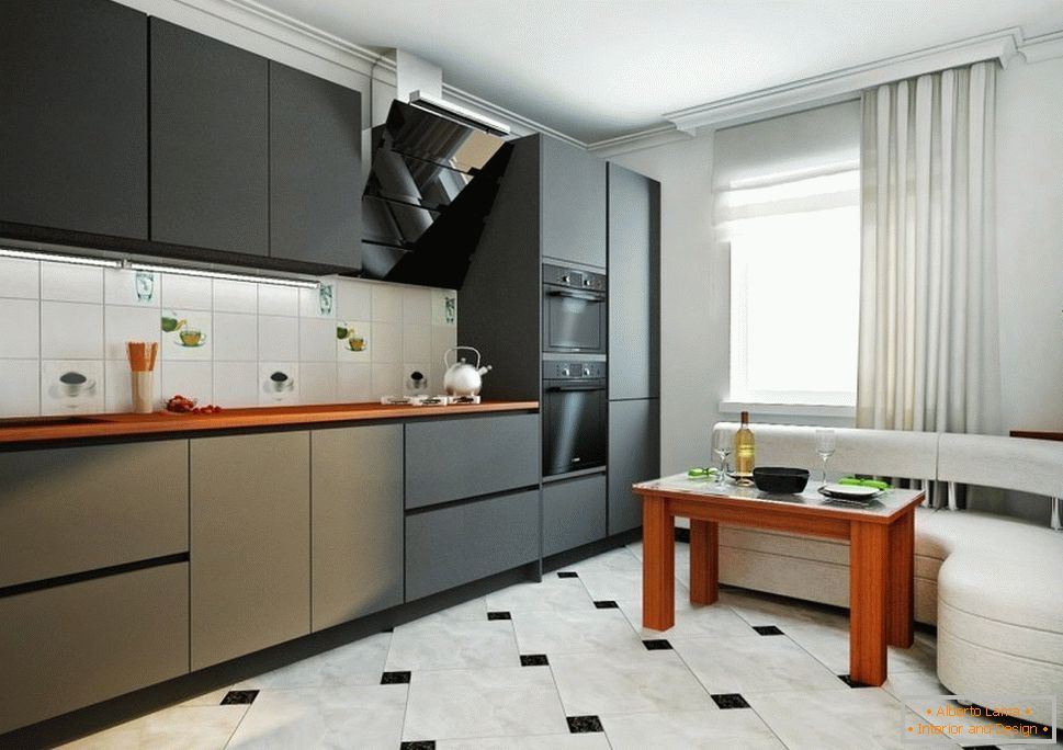 Čierny nábytok a biely kútik v kuchyni