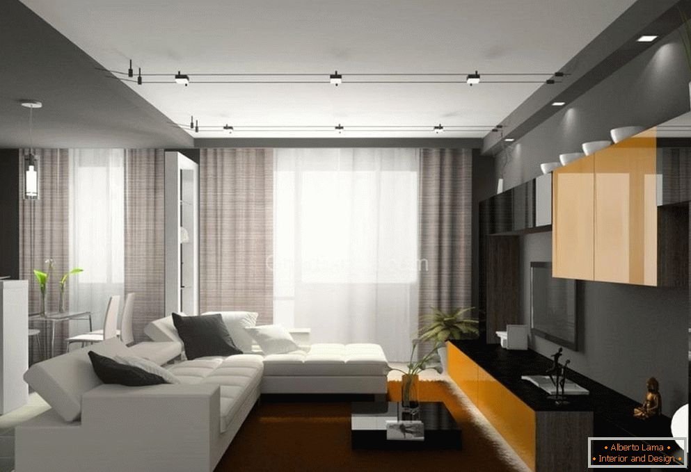 Biela pohovka a hnedý koberec v obývacej izbe