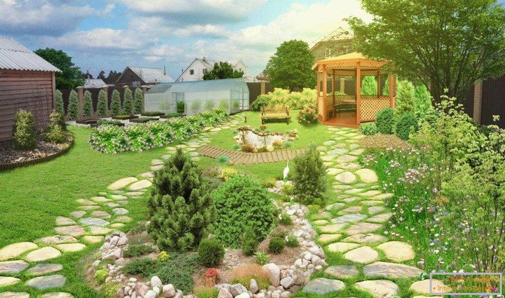 Záhrada s pergolou a kamennými cestami