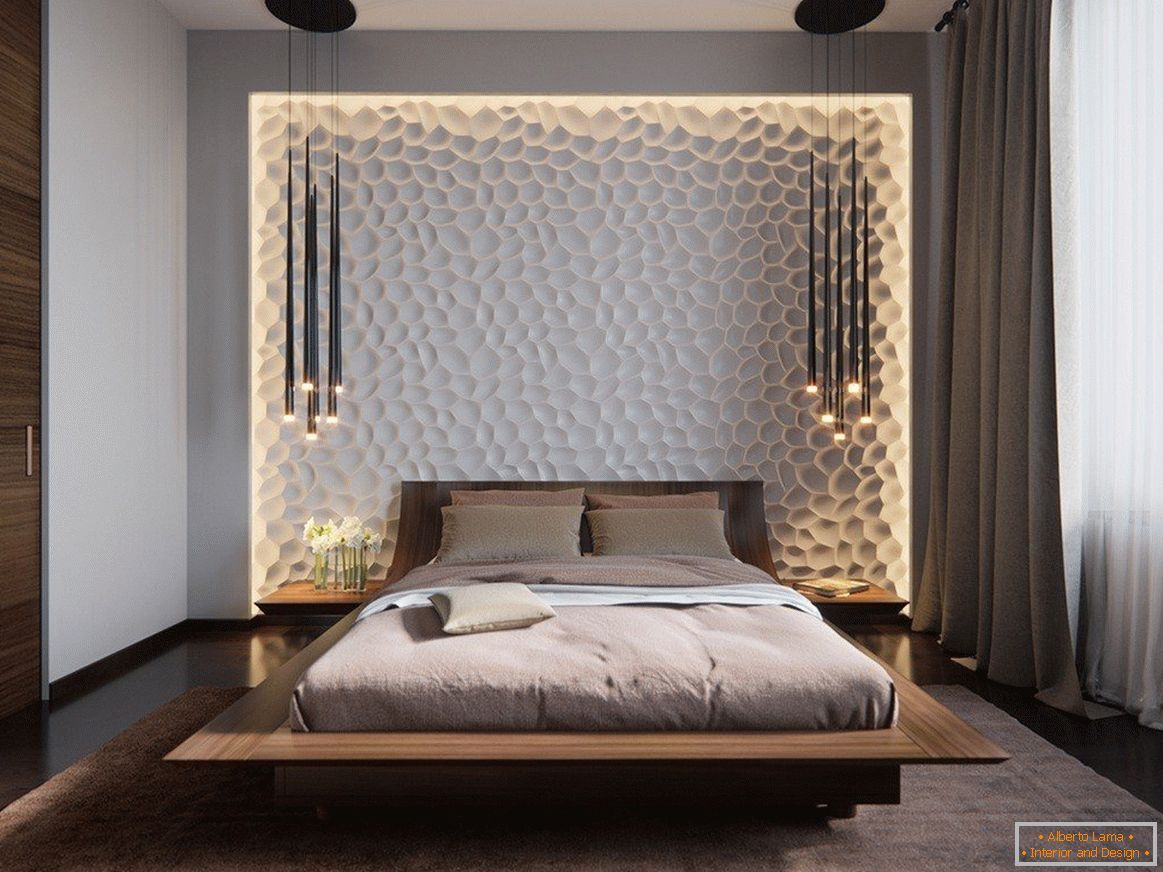 3D panely na stene spálne s osvetlením
