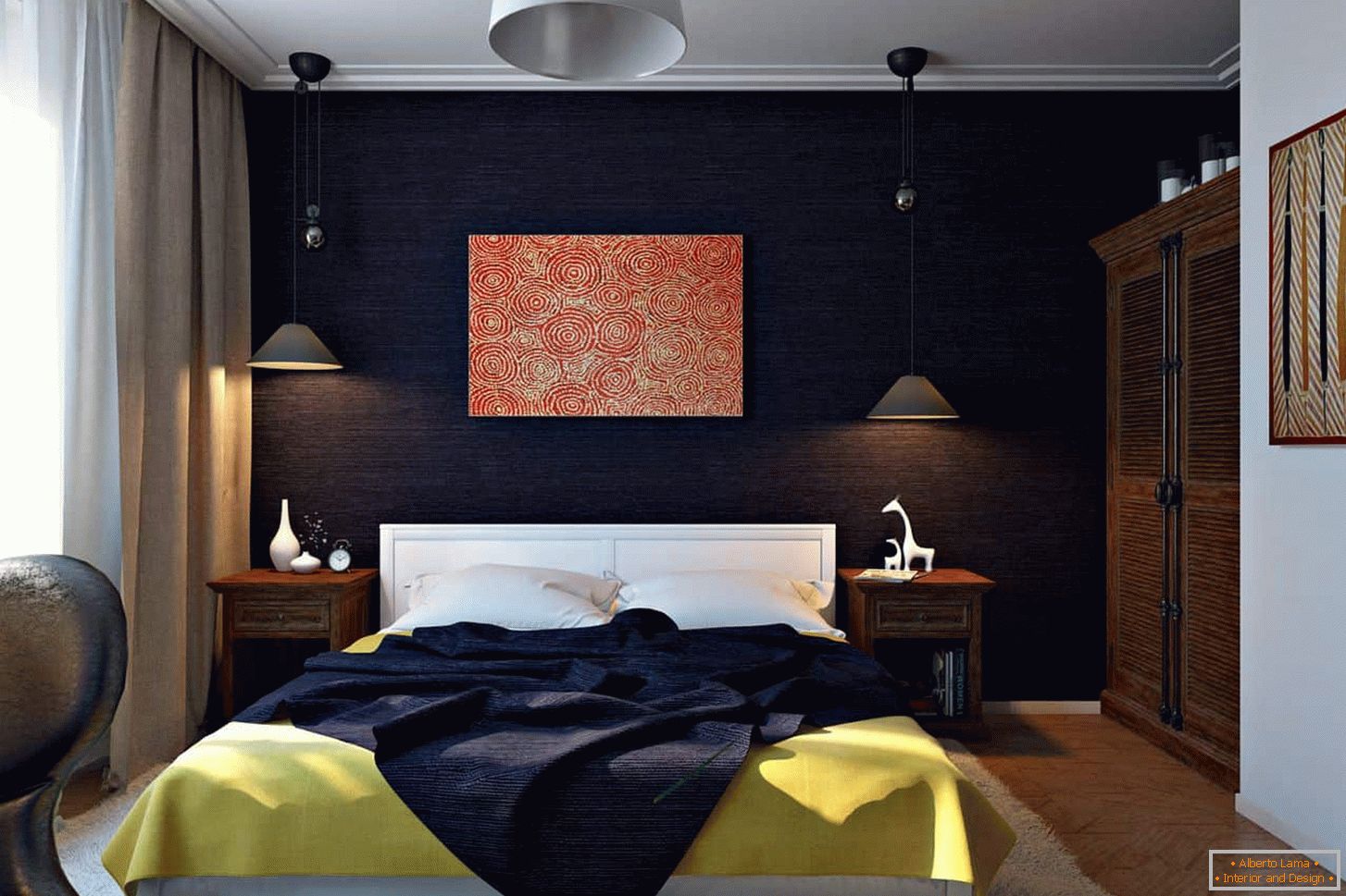 Farba baklažánu v dekorácii stien spálne