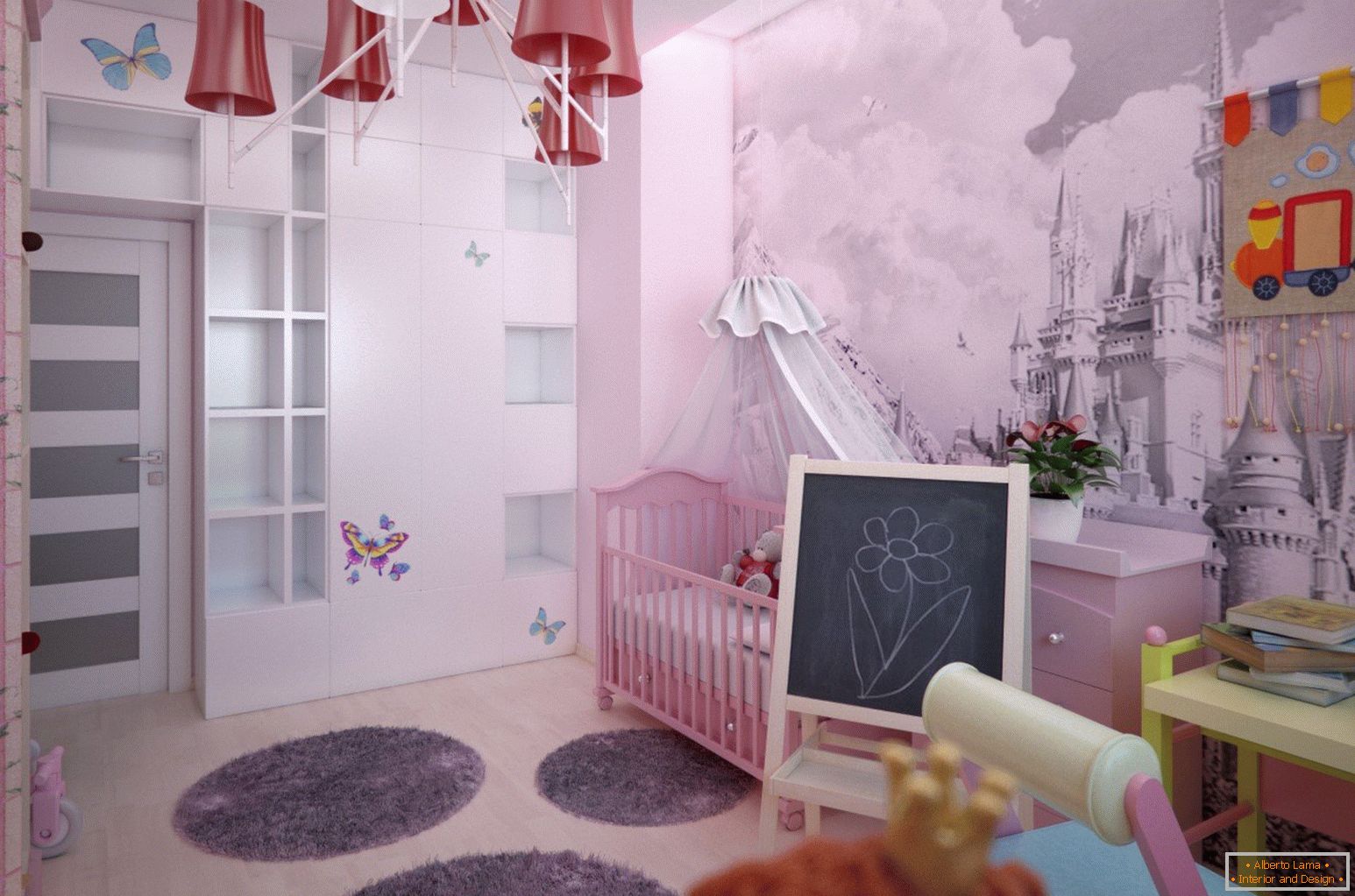 Interiérový dizajn detskej izby dievčaťa so zámkom