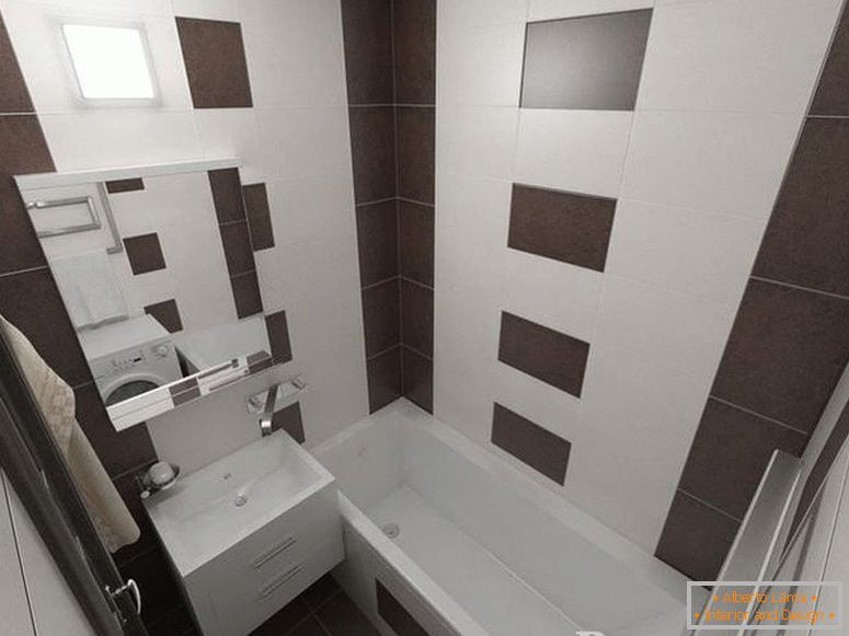 Malá kúpeľňa zdobená bielymi a hnedými dlaždicami