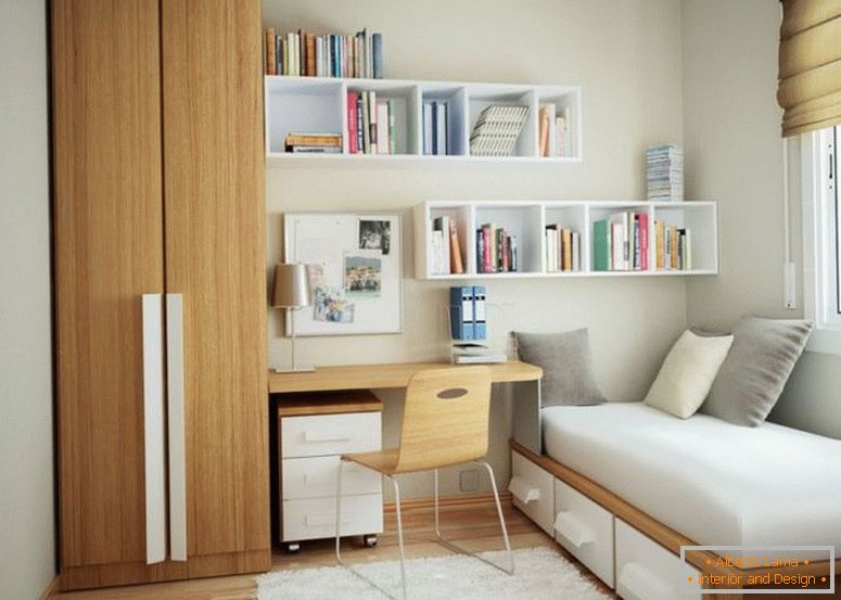 minimalistický-tiny-apartment-design-sa-hnedo-drevenú skriňu, v blízkosti-desk-and-white-drevená plávajúce-regál pripojené-to-the-bielo-múr i-hnedé drevené-single-vého lôžka rám montované biele drevená-3-posuvné-dr