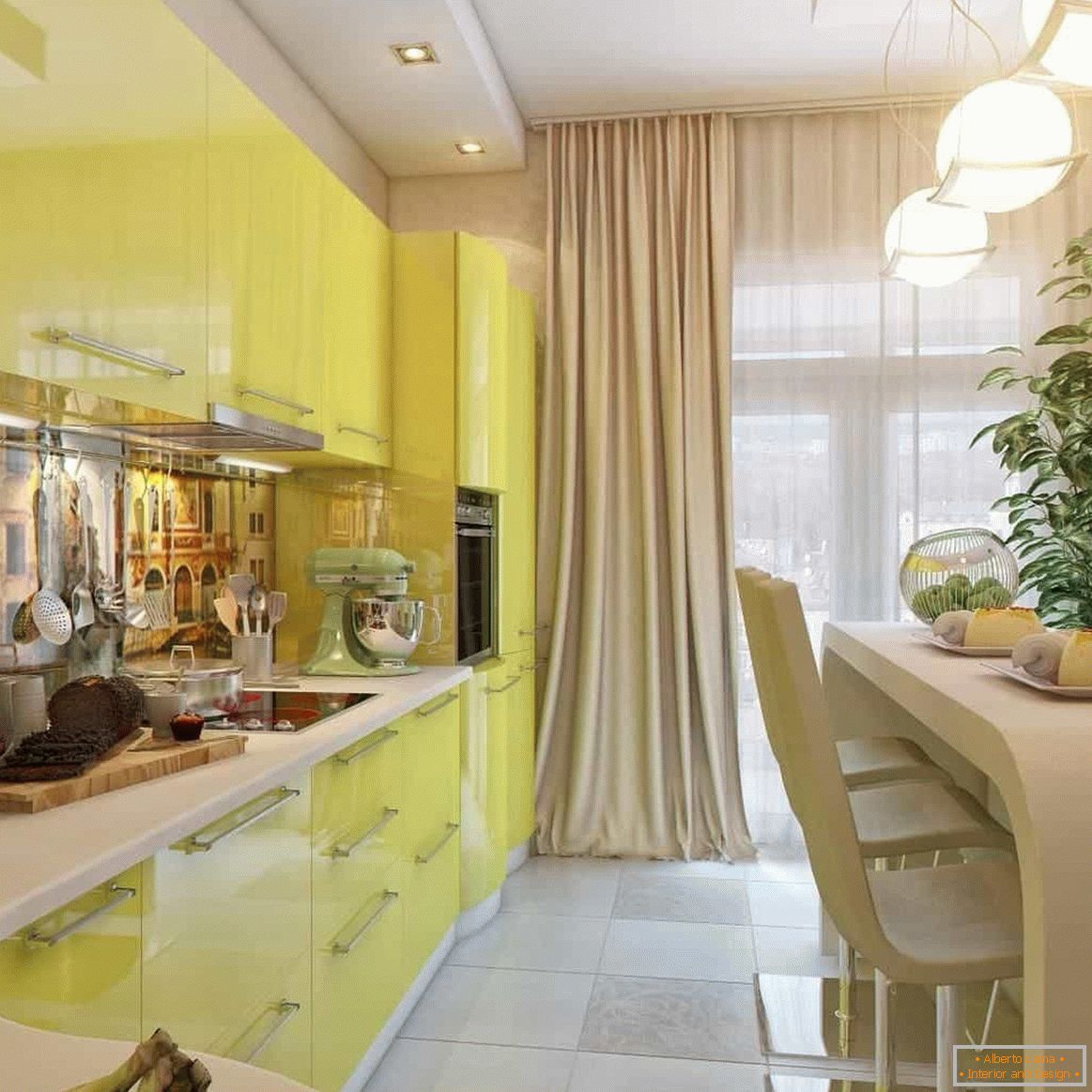 Rohová roztiahnutá žltá kuchyňa s originálnym stolom