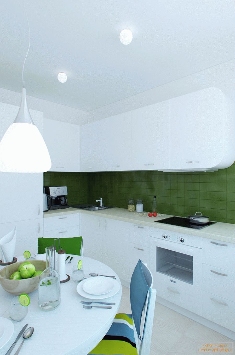 Kuchynský dizajn interiéru v bielej a zelenej farbe