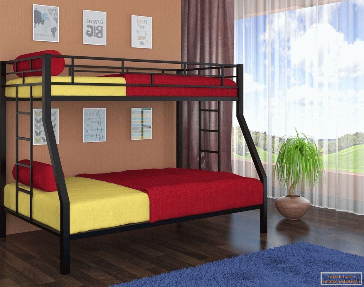 Žlté a červené posteľné prádlo na poschodovej posteli