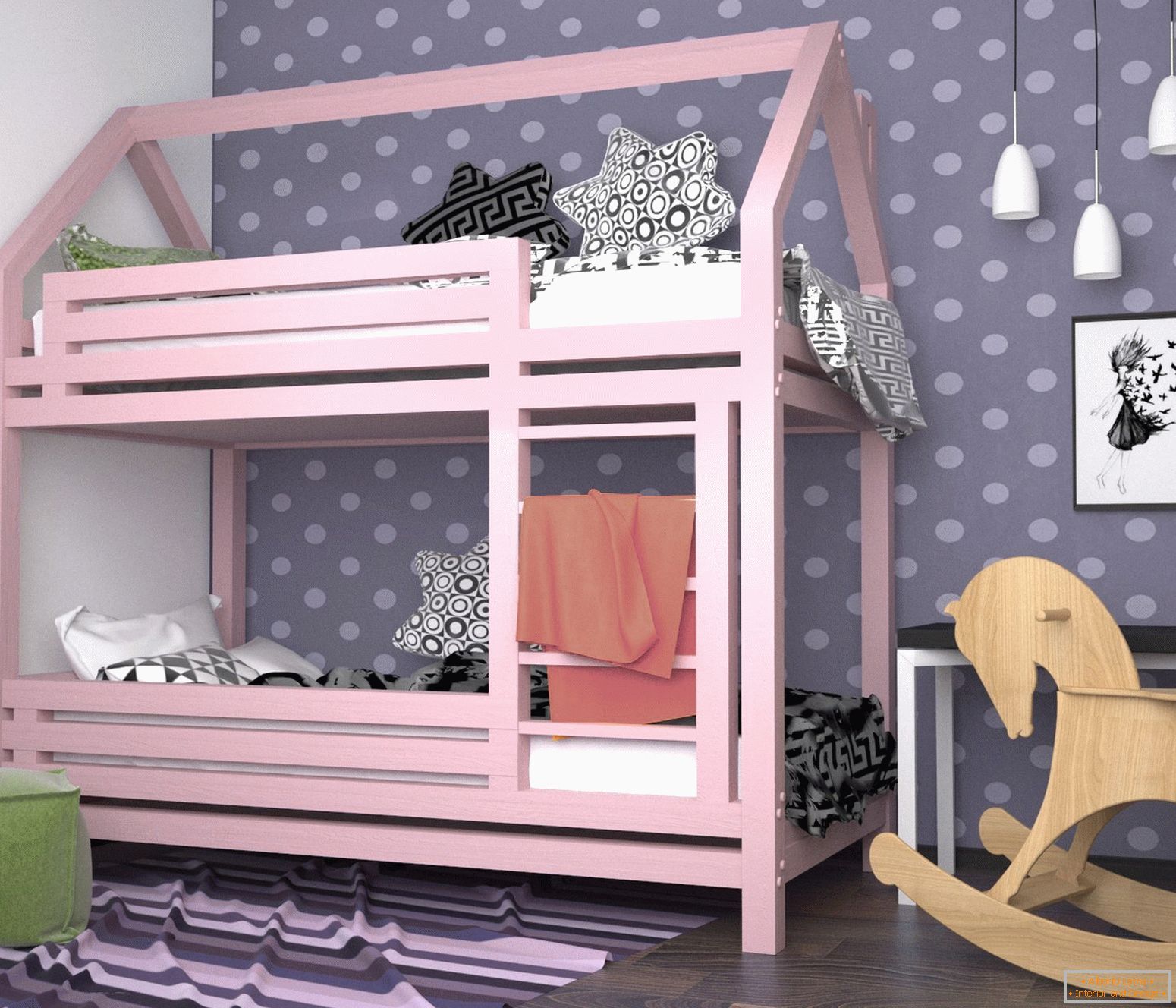 Ružové poschodové postieľky v detskej izbe pre dievčatá