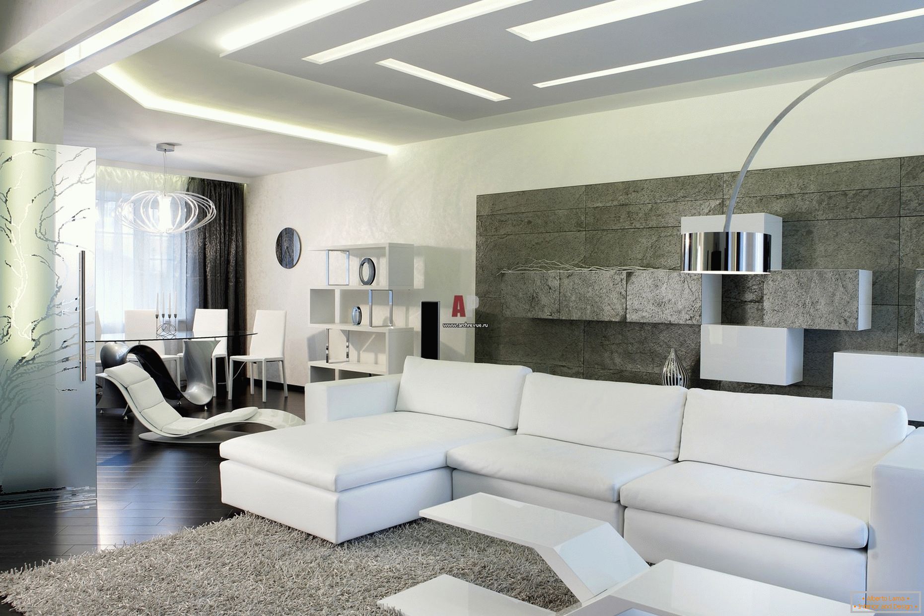 Biela interiér hostí v minimalistickom štýle je pozoruhodný pre moderný, odvážny dizajn s náznakmi high-tech.