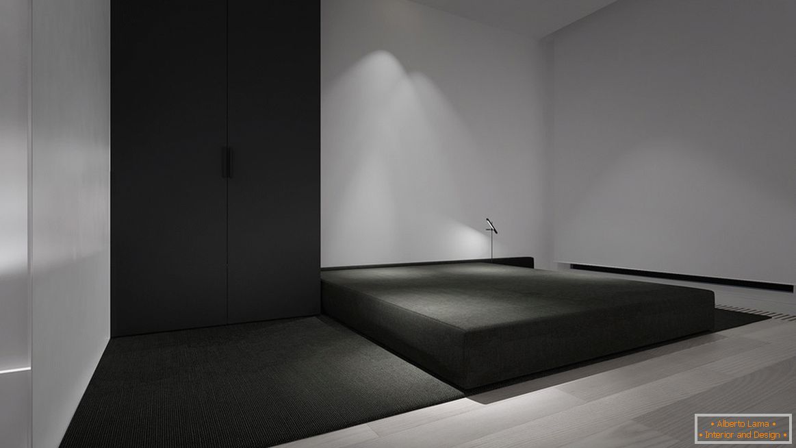 Spálňa v štýle minimalizmu je najjasnejším príkladom dizajnu. Hlavným prvkom je minimálny nábytok.