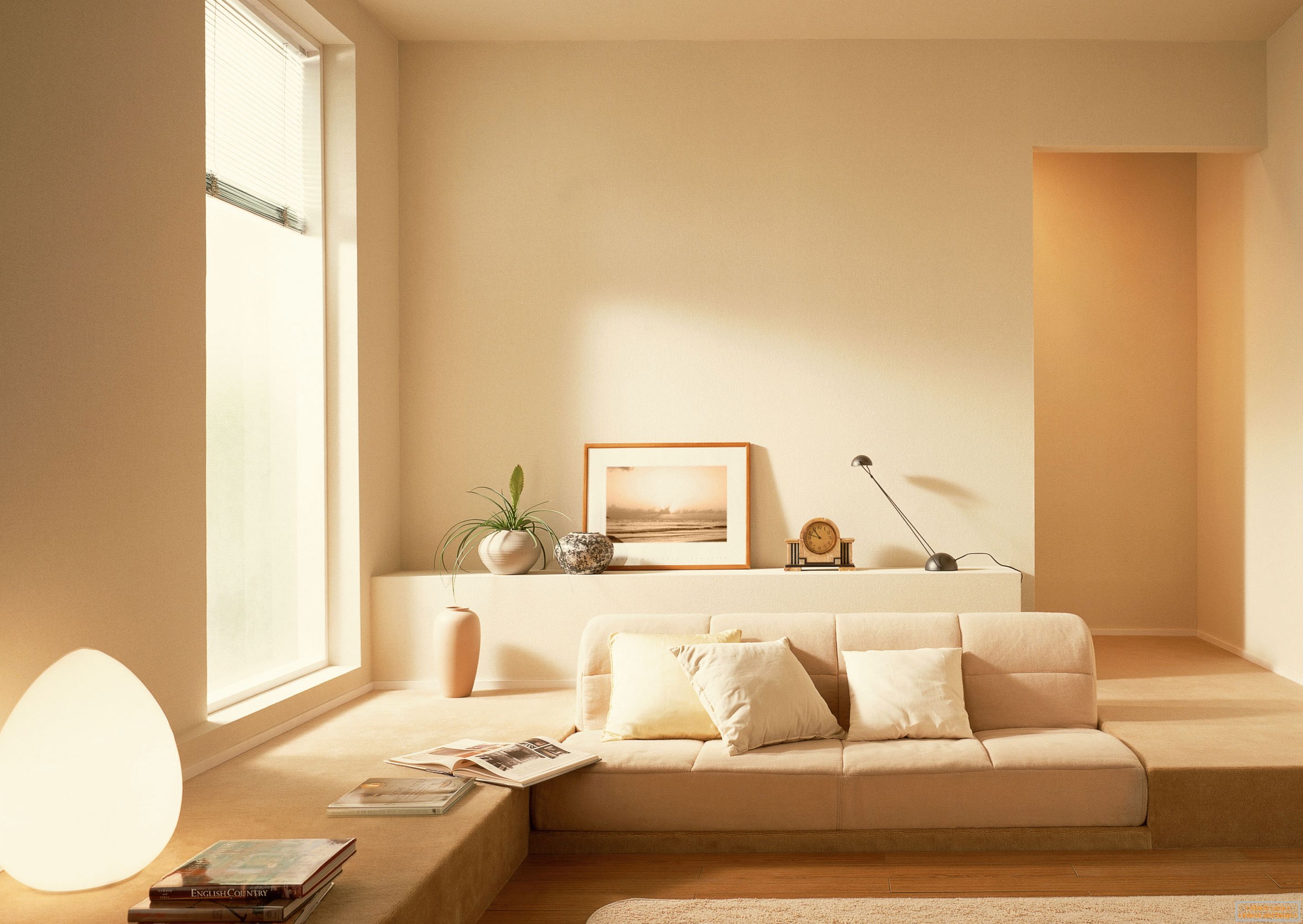 V súlade so štýlom minimalizmu sa pokojný béžový odtieň používa na usporiadanie interiéru obývacej izby.