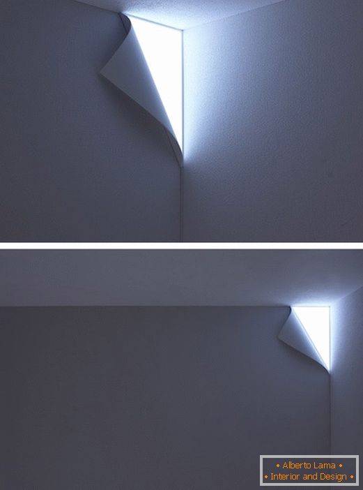 Svietidlo v stene vo forme zloženého okraja papiera